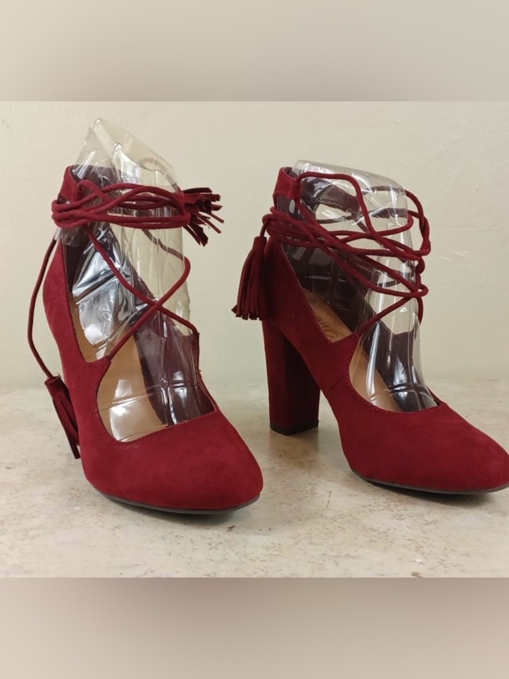 Rouge Helium Red Suede Lace-Up Block Heel Pumps - Picture 3 of 8